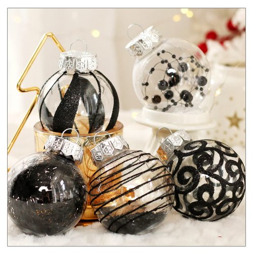 BSTCRAFT 60MM/2.36 Christmas Ornaments Set, 30pcs Clear Christmas Ornaments Black Shatterproof Decorative Baubles for Xmas Tree