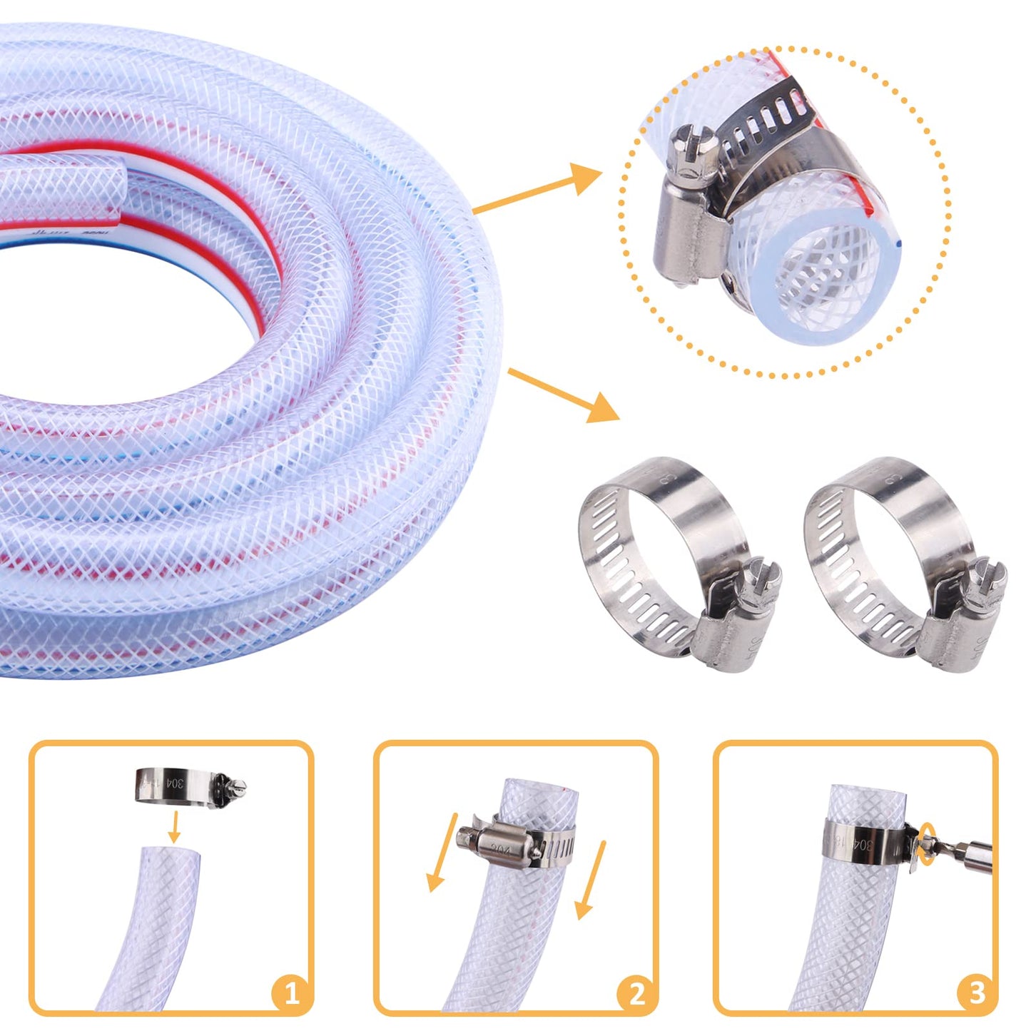 DERPIPE Soft Braided PVC Tubing - 1/2" x 3/4" OD High Pressure Clear Flexible PVC Tube Reinforced Vinyl Hose for Water, Oil with 2pcs Hose Clamps (10Ft)