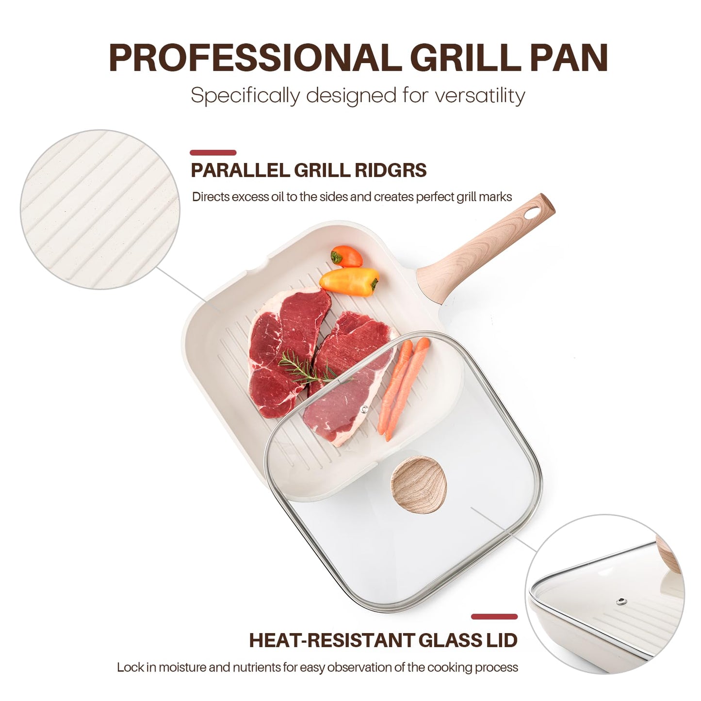 Kordisen Nonstick Grilling Pan with Lid for Stove Tops, 9.5 Inch Square Grill Pan for Indoor Cooking, Healthy Coating Grill Skillet with Pour Spouts, Versatile Griddle, Induction Steak Pan, White