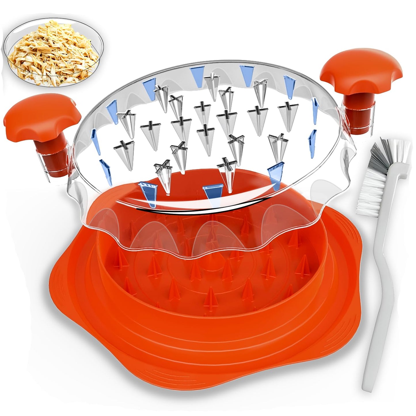 Chicken Shredder Tool Twist Large Orange, 10” BPA-Free Meat Shredder for Chicken Breast Pork Beef, Manual Food Shredder with Brush, Anti-Slip, Ergonomic Handle, Fast Shredding for Kitchen & Meal Prep