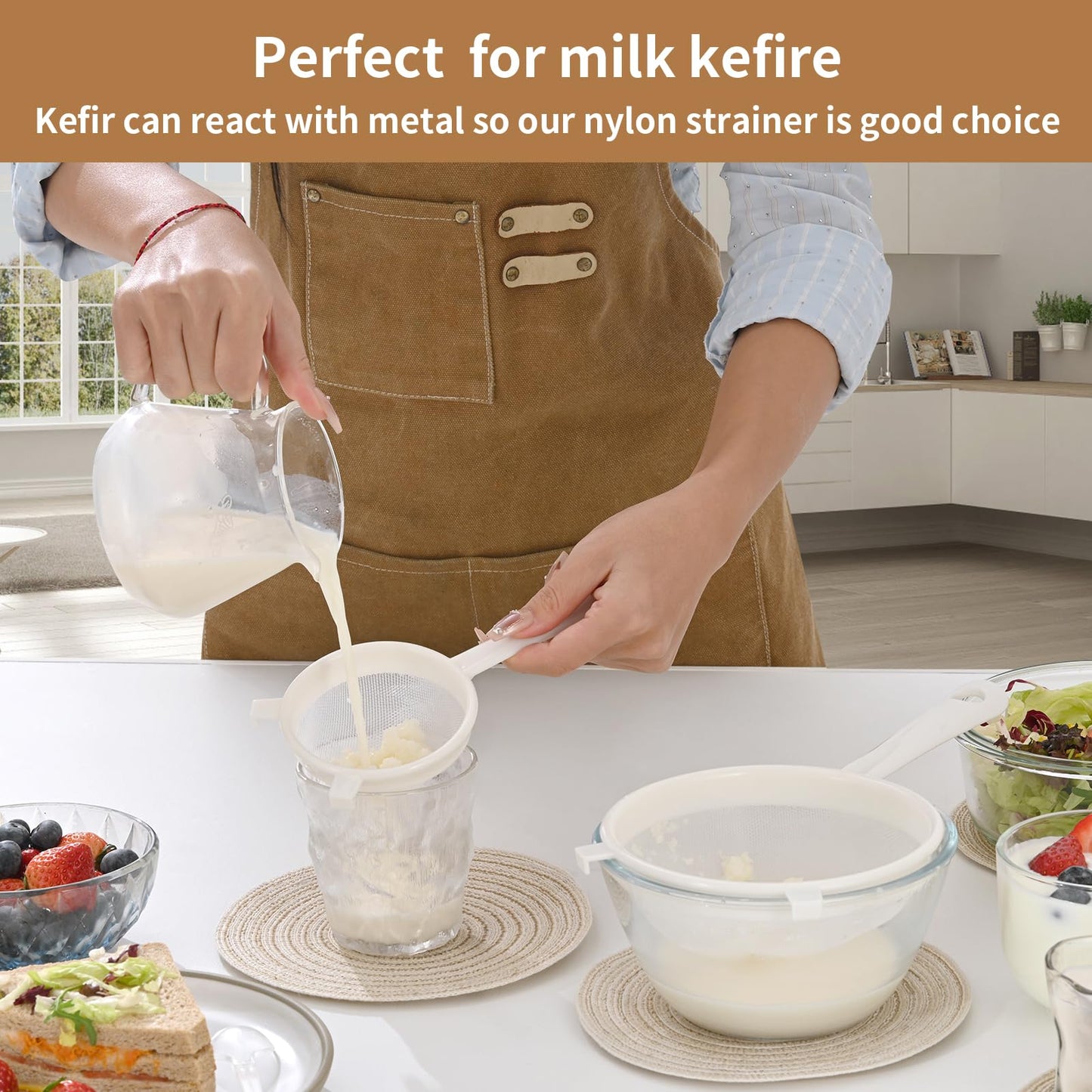 Luckyiren Kefir Strainer Set, 2-Size Plastic Non-Metal Sieve with Fine Mesh for Kefir Grains, Milk Kefir, Water Kefir & Kombucha - Durable, Food Grade & Easy Clean