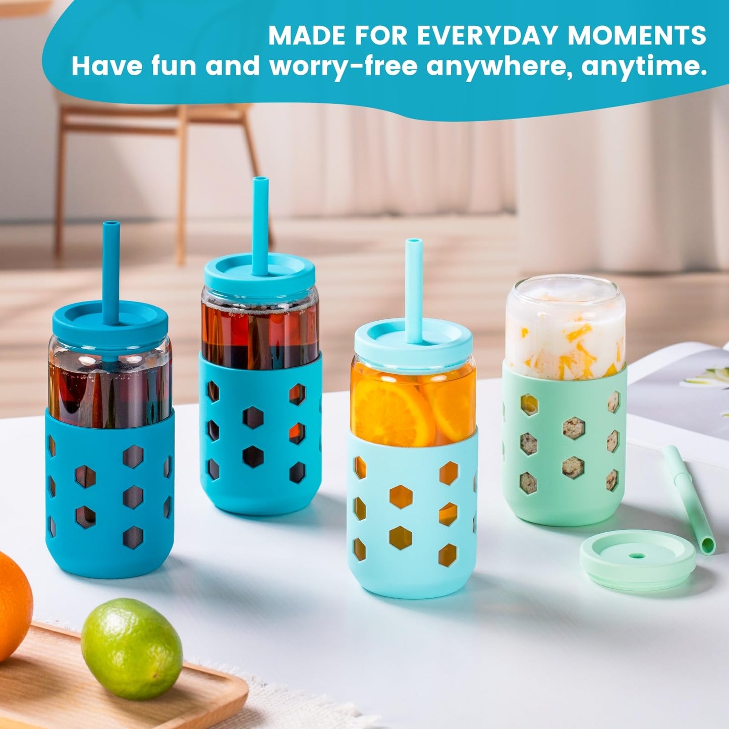 Mrsdry 16 oz Glass Cups With Lids and Straws, 4-Pack Iced Coffee Cup - Smoothie Cup With Silicone Lid and Sleeve for Coffee Bar Accessory, Cute Drinking Glasses Set Reusable Glass Tumbler for Gifts