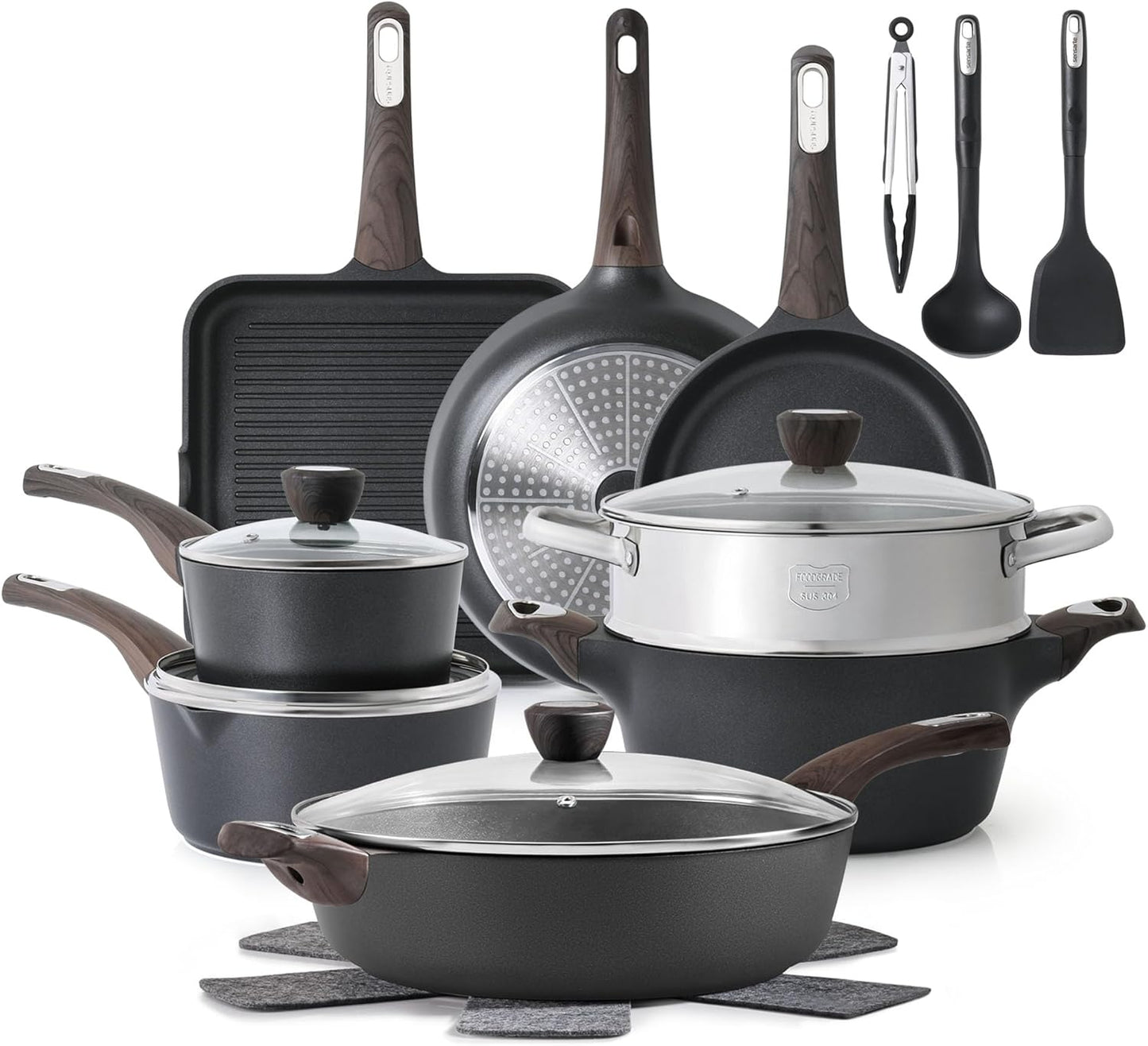 SENSARTE Nonstick Cookware Set - 20 Pcs Induction Pots and Pans | Healthy, PFOA & PFOS Free, Black