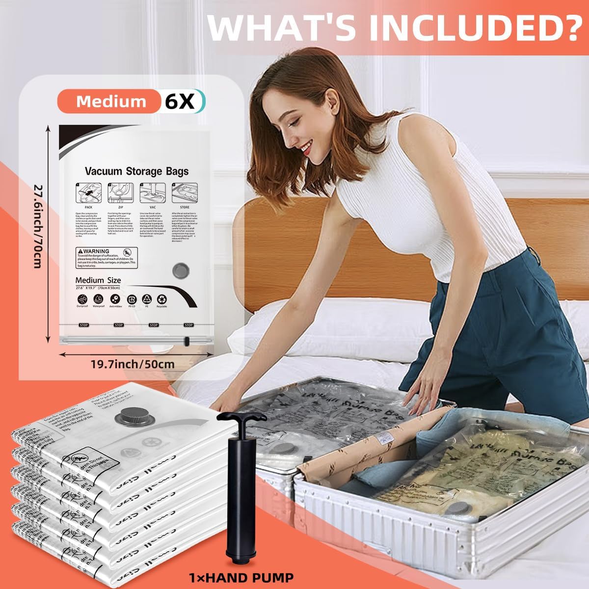 Skiennix Vacuum Storage Bags - Space Saver for Comforters & Blankets | 6 Medium Compression Bags with Hand Pump