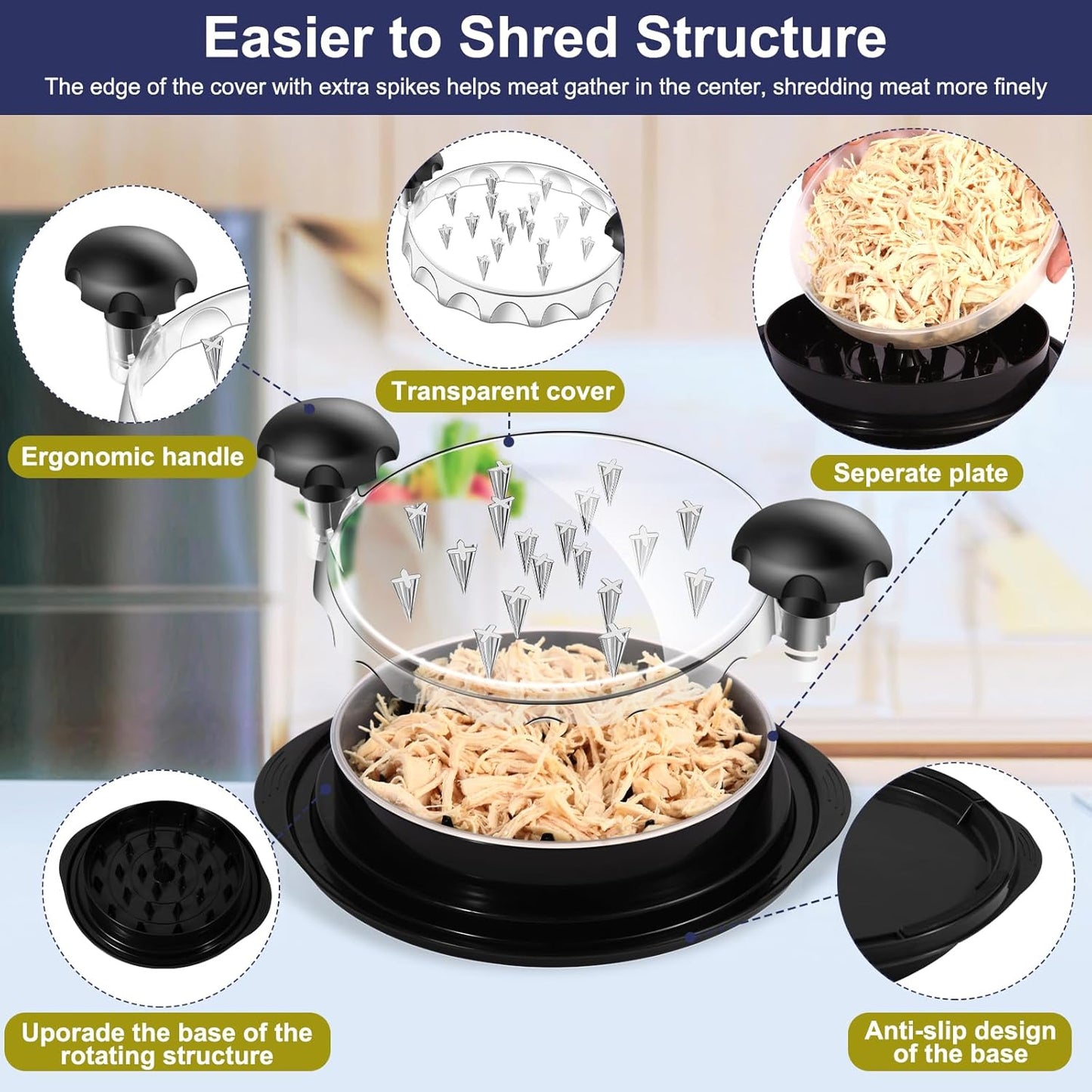 Skiennix Chicken Shredder - Automatic Meat Shredder Tool with Anti-Slip Design | Large 9.8” Dishwasher Safe