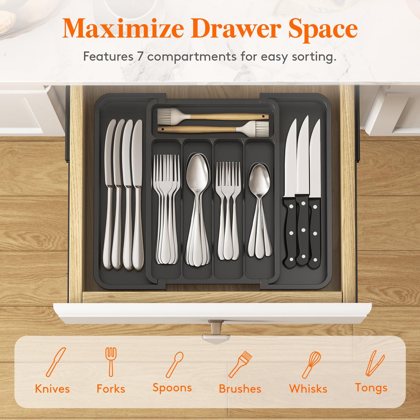 Lifewit Silverware Drawer Organizer, Expandable Utensil Tray for Kitchen, BPA Free Flatware and Cutlery Holder, Adjustable Plastic Storage for Spoons Forks Knives, 8.9-14.7 x 12.2", White