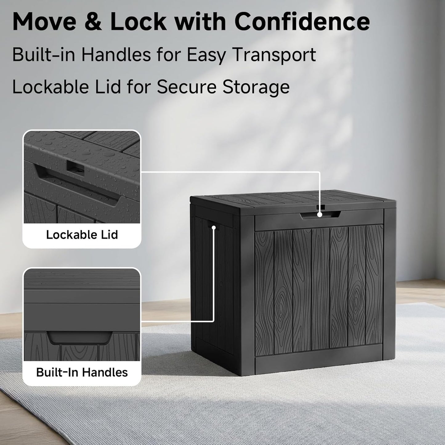 PatioZen 35 Gallon Waterproof Outdoor Deck Box - Lockable Resin Storage for Garden Tools & Cushions (Black)