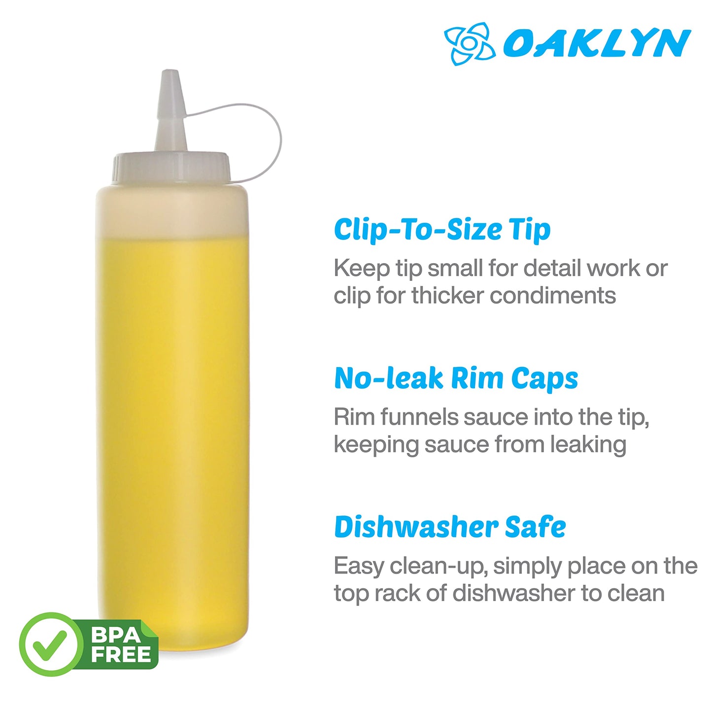 Oaklyn Squirt Bottles 16oz, 6 Pack – BPA-Free Condiment Squeeze Bottles for Sauces, Dressings, Oils, BBQ & Crafts – Durable, Leak-Proof, Easy to Fill & Clean
