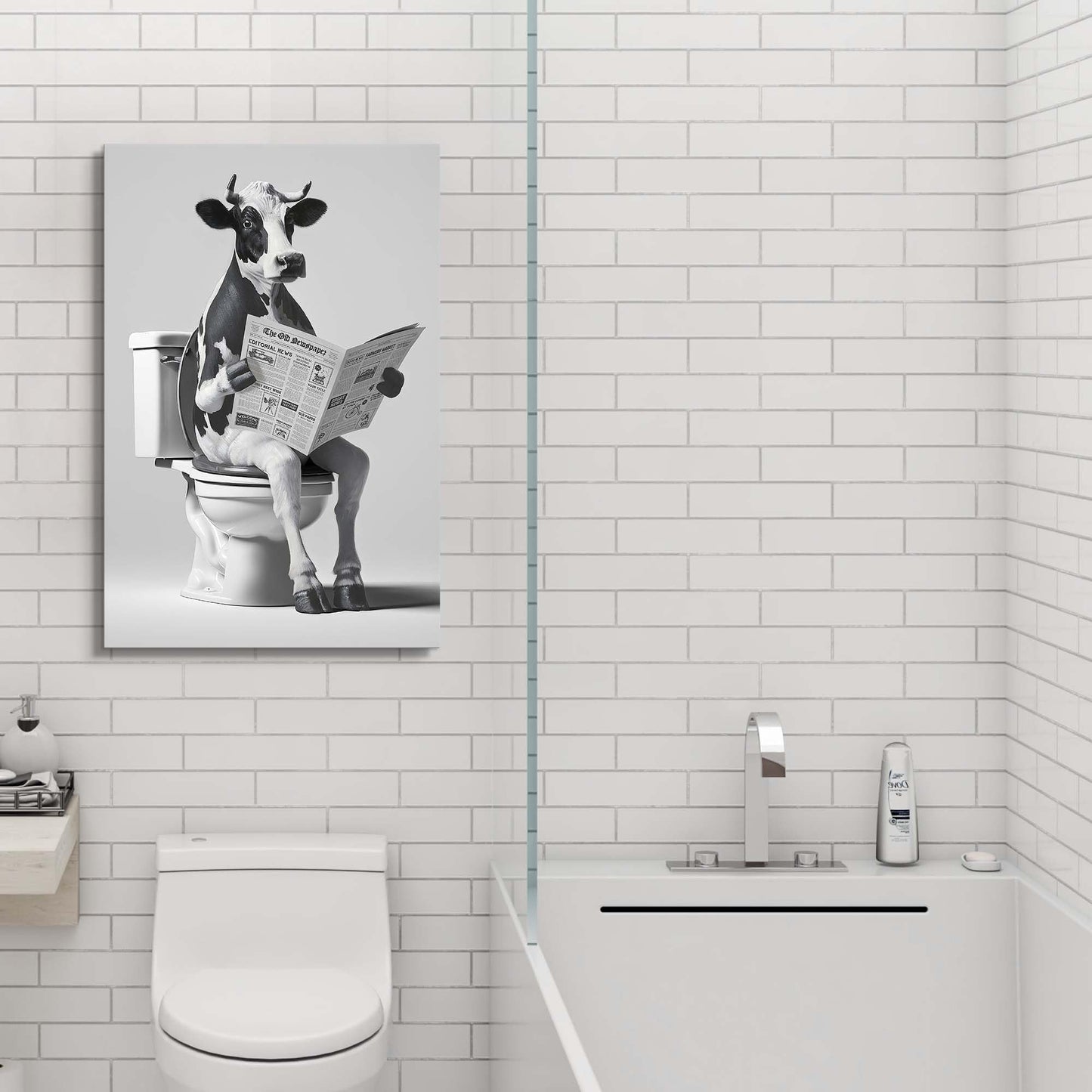 Animal Bathroom Wall Art Decor: Funny Cow Canvas Picture Black and White Bathroom Print Artwork Fun Animal on Toilet Painting for Home Restroom Farmhouse