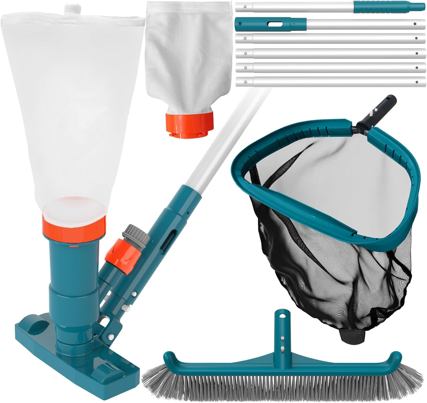 Skiennix Above Ground Pool Cleaning Kit - Vacuum, Leaf Rake, Wall Brush & 8Ft Pole for Easy Debris Removal