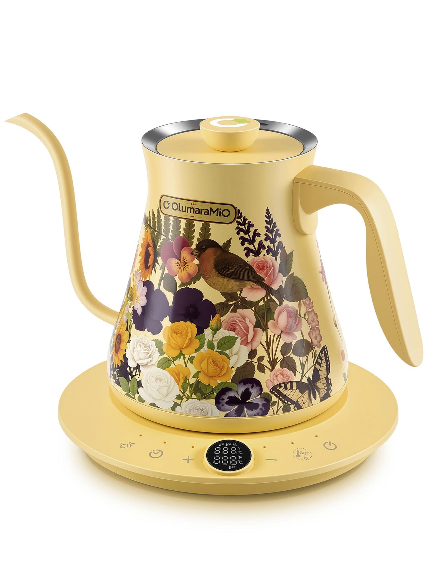 Olumaramio 0.8L/27oz Gooseneck Electric Kettle - ±1℉ Precise Temperature Control for Pour Over Coffee & Tea, 1200W Fast Heating, Auto Shut-Off, Built-in Brew Timer, BPA-Free Stainless Steel, Floral