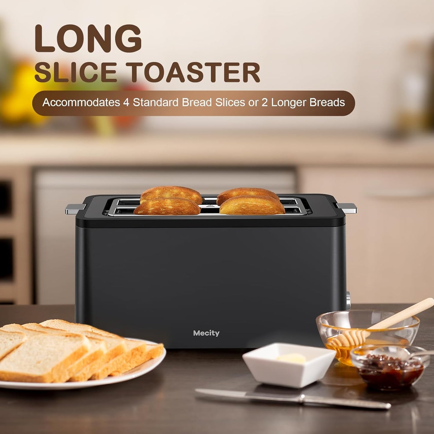 Mecity 4-Slice Toaster - Long Slot Design with Timer & 6 Browning Settings | Stainless Steel, 1300W