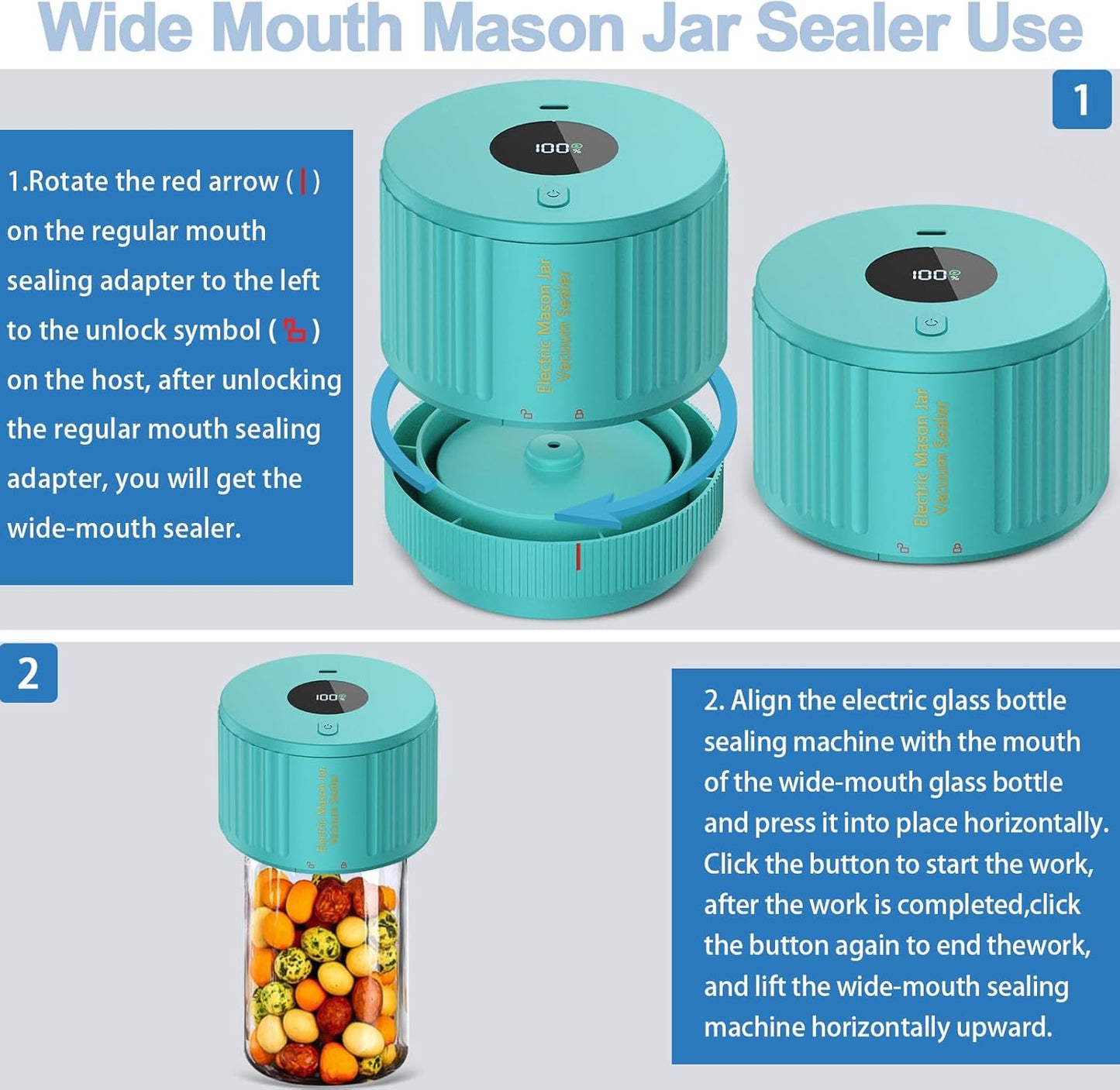 LOVE MOMENT Electric Mason Jar Vacuum Sealer Kit - Ideal for Wide & Regular Mouth Jars - Green