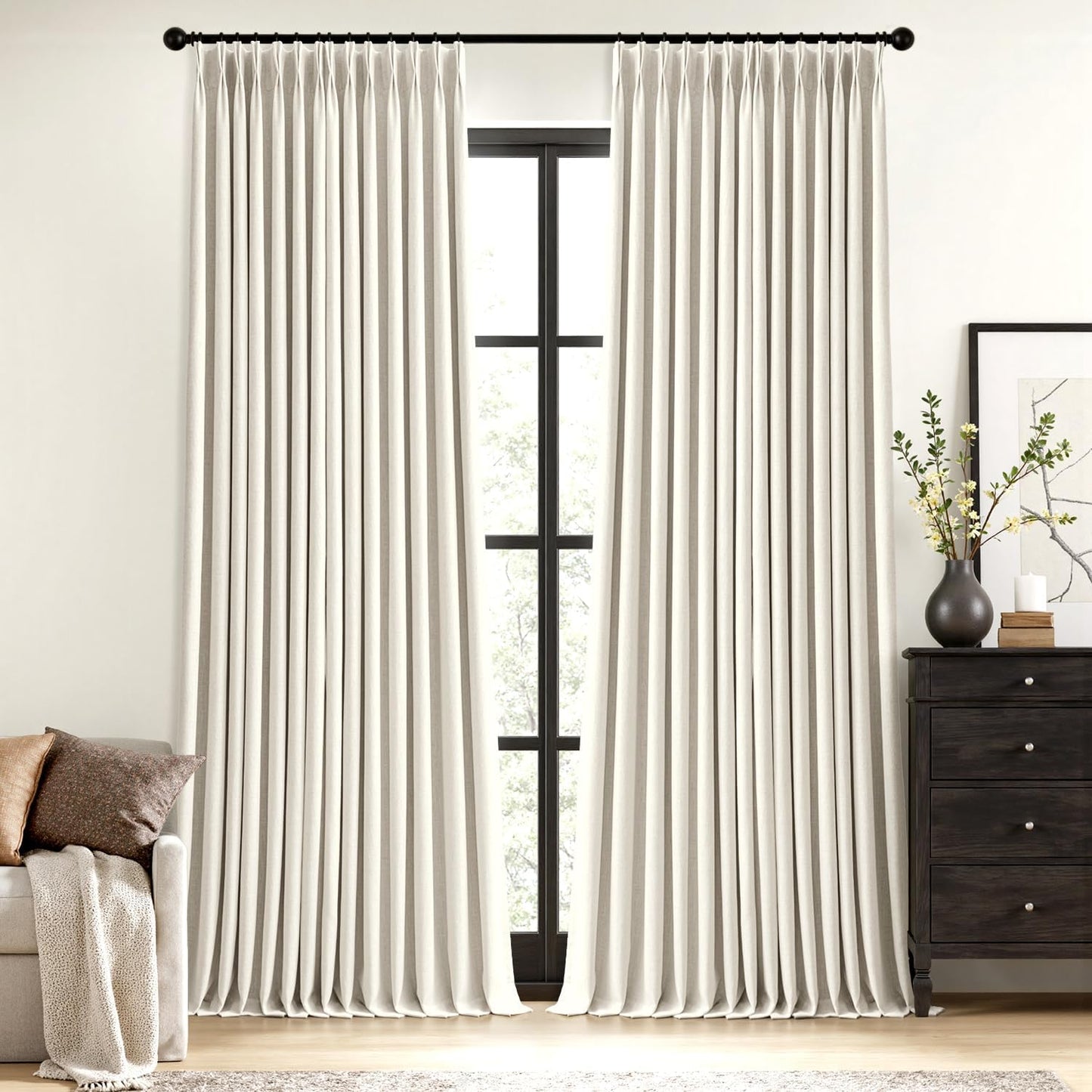MIULEE Blackout Linen Curtains - Natural Pinch Pleated Design | 90-Inch Length, 2 Panels for Light Blocking in Bedroom & Living Room