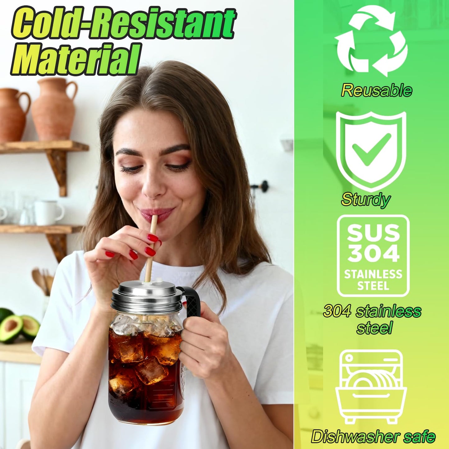Palksky Mason Jar Lids with Straw Hole Wide Mouth, Stainless Steel Drinking Lid with Handle & Silicone Rings, Spill-Resistant Mason Jar Straw Lid for Iced Coffee, Juice, Lemonade (2 Packs)