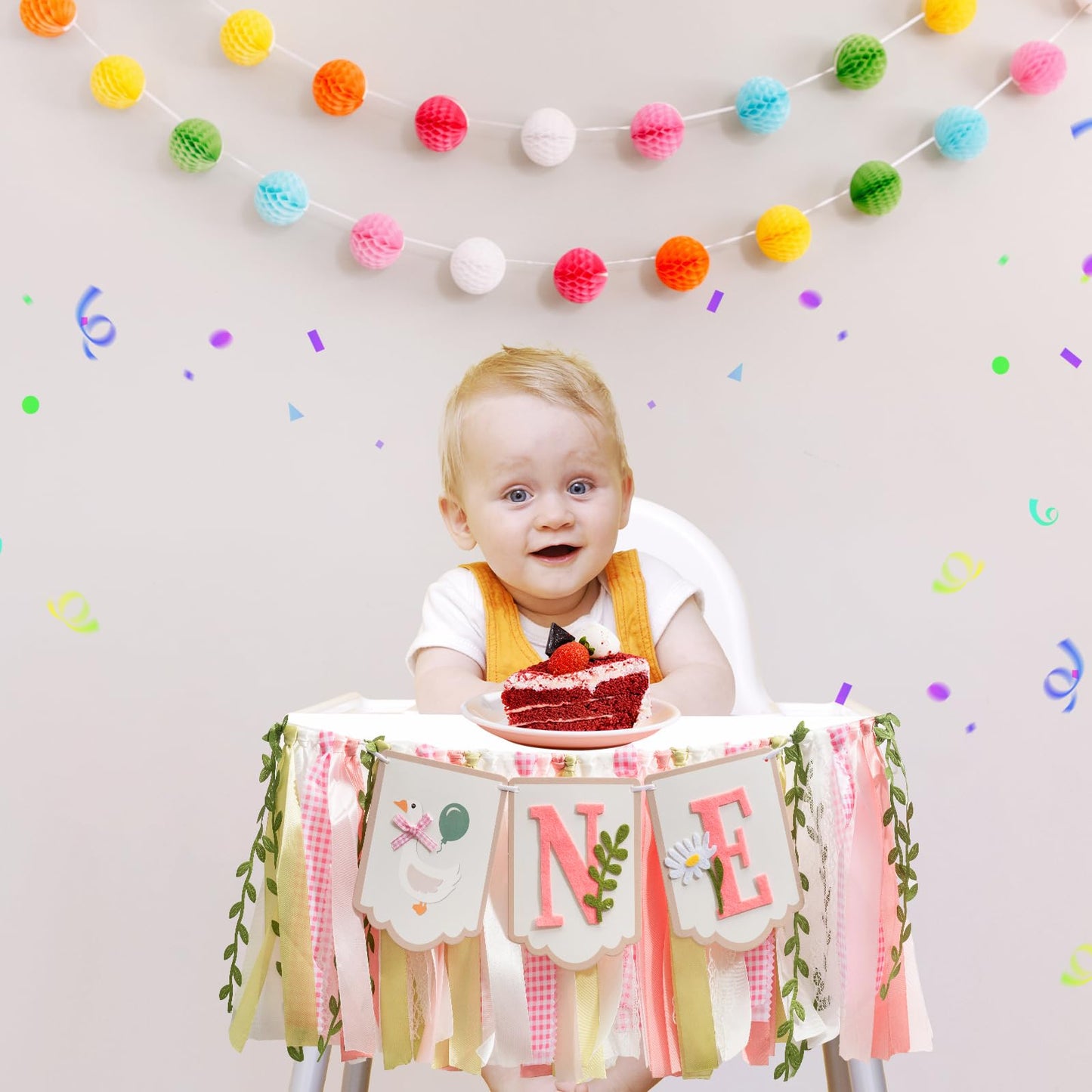 Pre - stung Silly Goose High Chair Banner for Girls1st Birthday - Pink & Gold Baby Girl Cake Smash Cake Smash Props, Premium First Birthday ONE Banner Party Decoration
