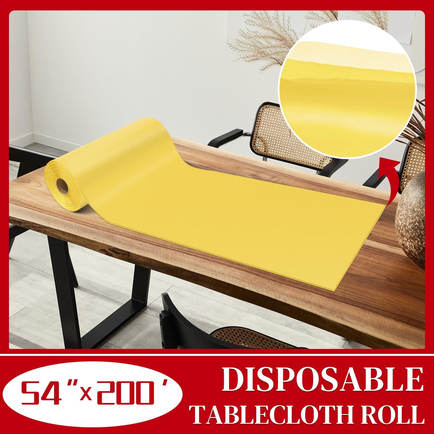 Xnluothsk 54 Inch x 200 Feet Yellow Plastic Tablecloth Roll Cut to Size Disposable Table Cover with Cutter Box Plastic Table Cloth for Party, Wedding, Birthday