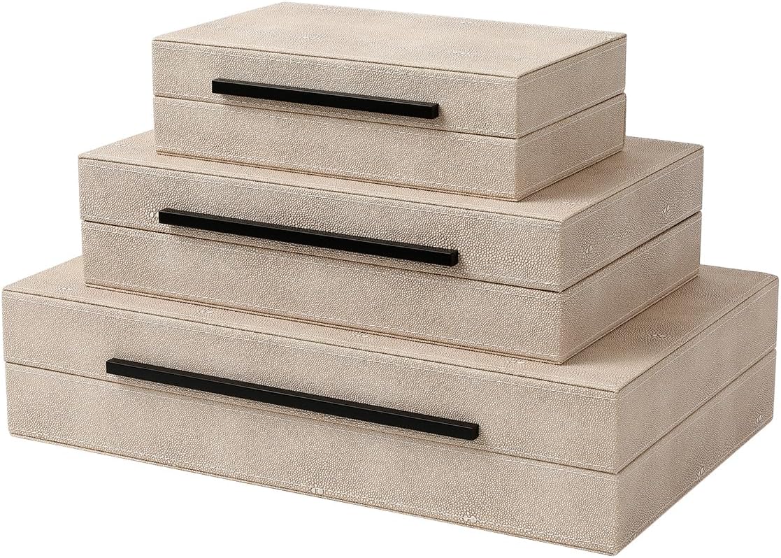 Skiennix Decorative Boxes - Set of 3 Faux Leather Storage Boxes with Lids | Modern Ivory Organizer for Home Decor