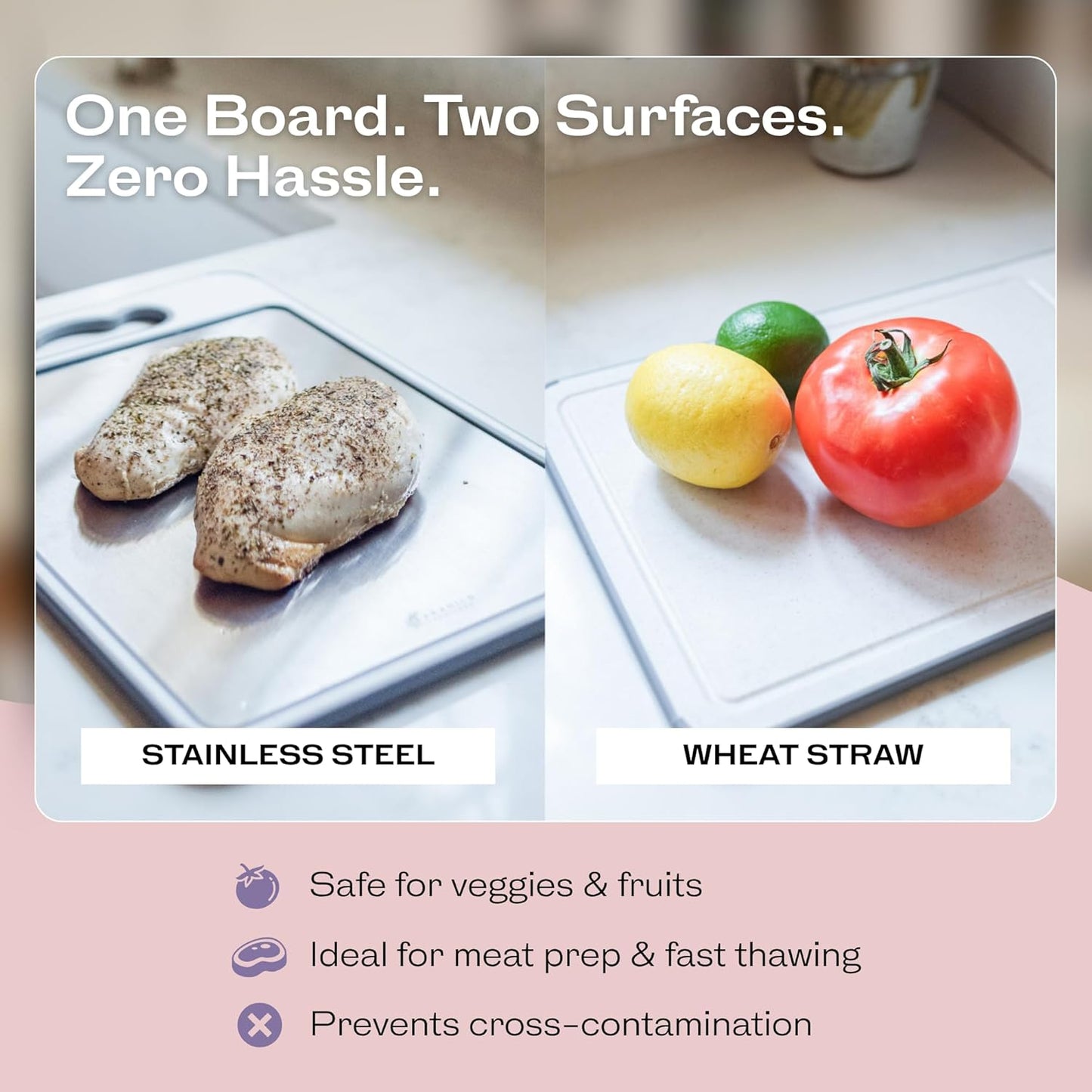 Non-Toxic Cutting Board by [Brand Name] - Double-Sided Stainless Steel & Wheat Straw | Dishwasher Safe, BPA-Free, 14.4” x 9.8”