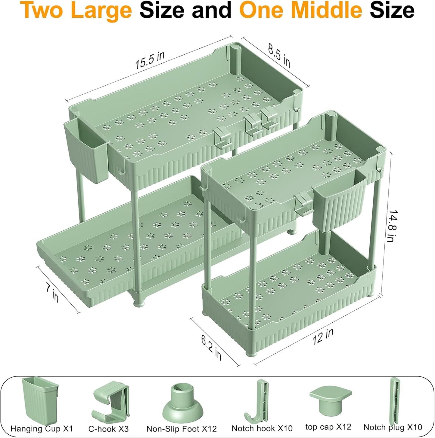 Sevenblue 3-Pack Under Sink Organizers - 2-Tier Kitchen & Bathroom Storage with Sliding Drawers | Green, 14.8 Inch