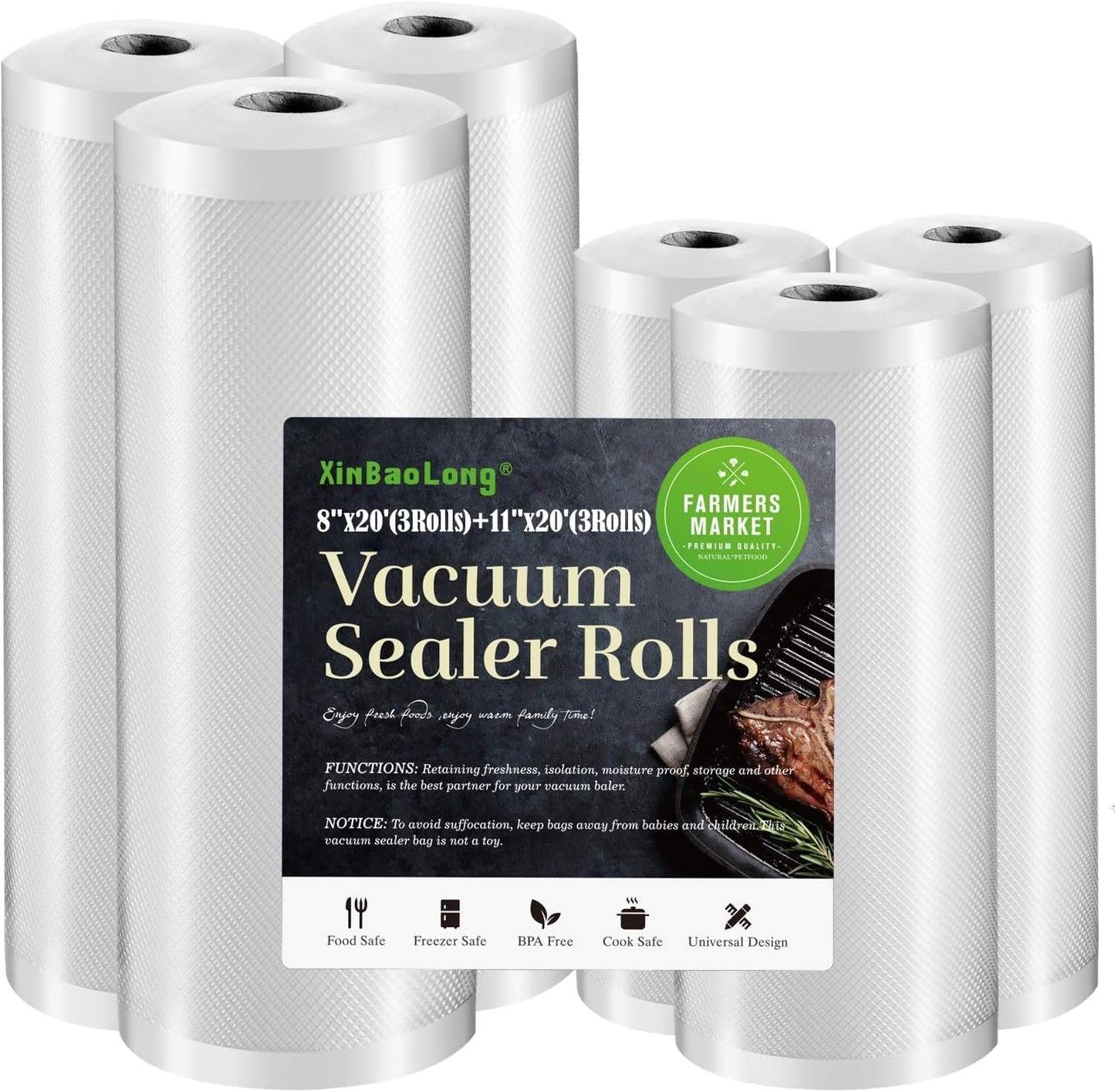 Vacuum Sealer Bags - Commercial Grade BPA Free | 6 Pack with 3 Rolls 11" x 20' & 3 Rolls 8" x 20' - Durable Food Storage for Sous Vide Cooking