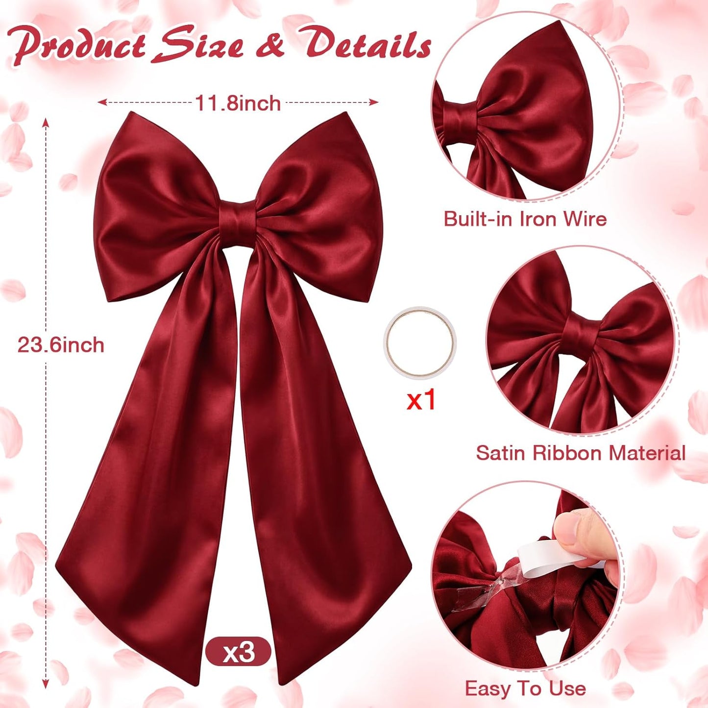 Suncalla Large Burgundy Satin Bows - 3 Pcs 2 FT Hanging Decorations for Weddings & Parties