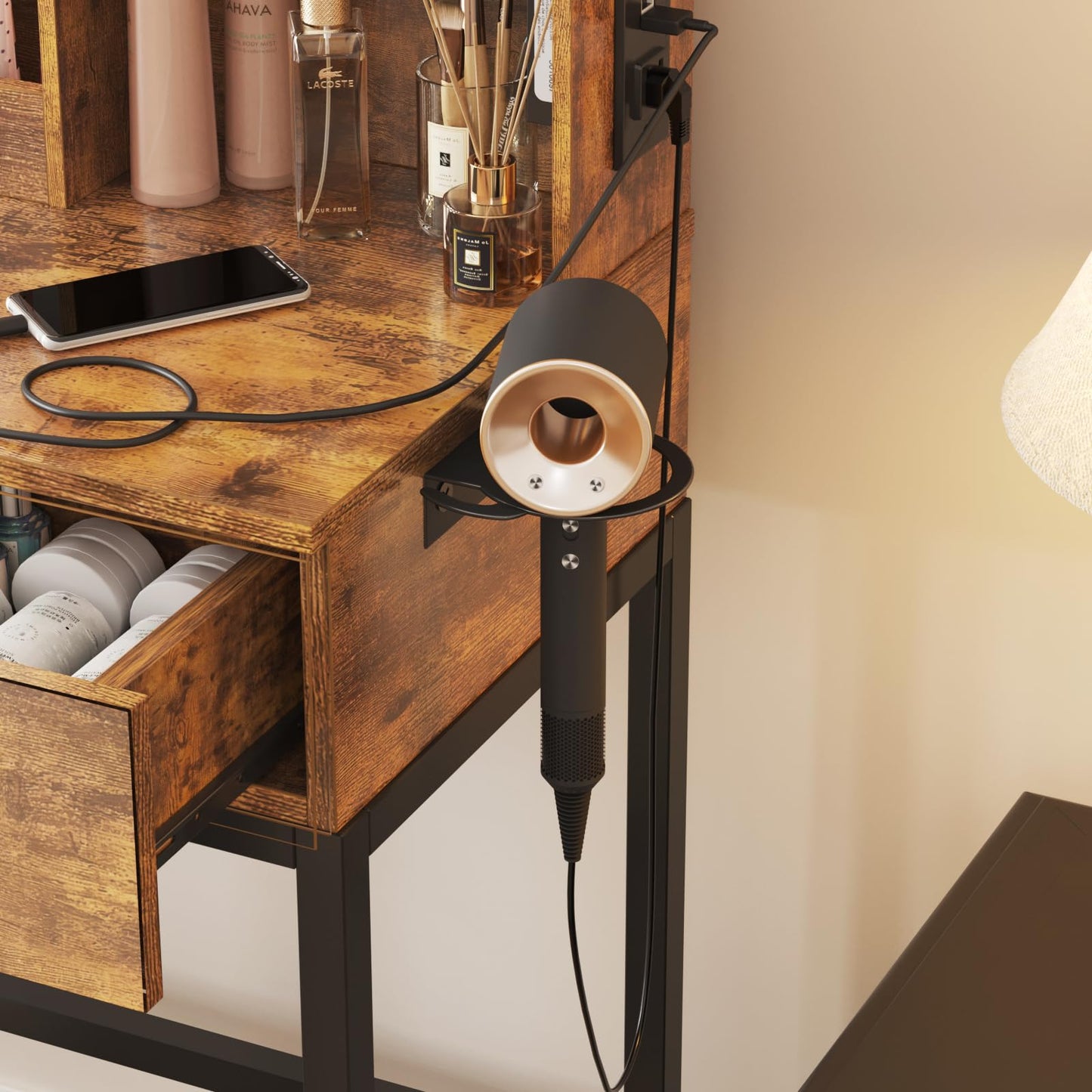 Makeup Vanity Desk with Round Mirror and Lights, White Vanity Makeup Table, Small Vanity Table for Bedroom with Lots Storage, 3 Lighting Modes, 31.5in(L)
