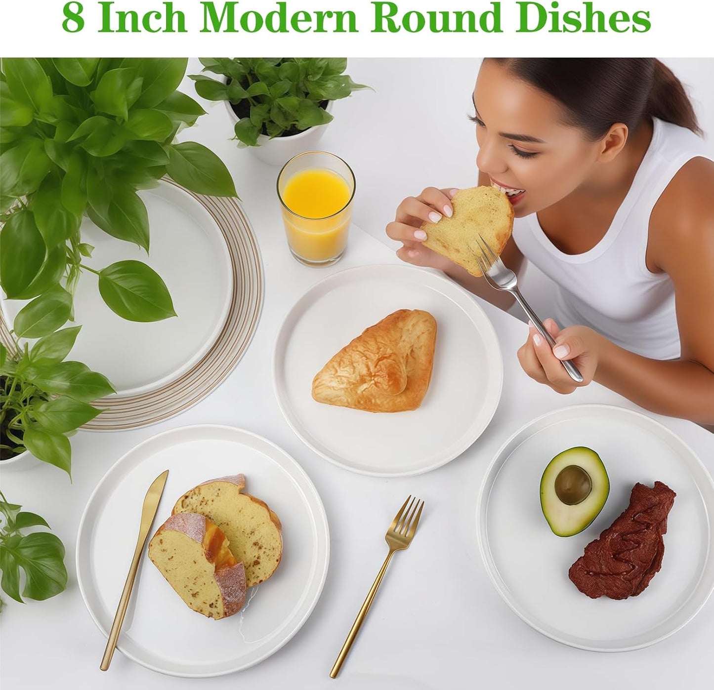 Regine Switzerland White Dinner Plates Set of 6 - 8 Inch Porcelain Dessert Plates | Microwave & Dishwasher Safe