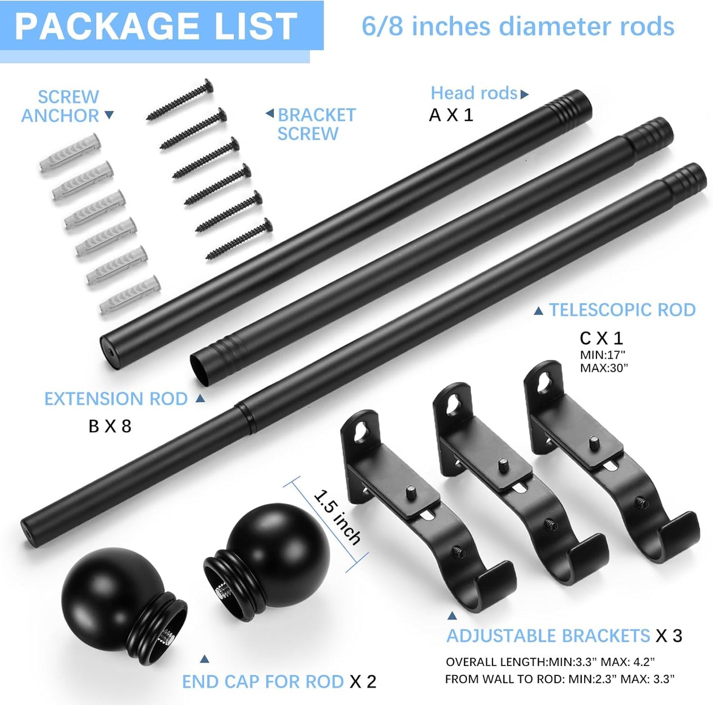 Max Adjustable Curtain Rods by [Brand Name] - Fits Windows 16 to 150 Inches | 6/8" Diameter, Black, Single Pack