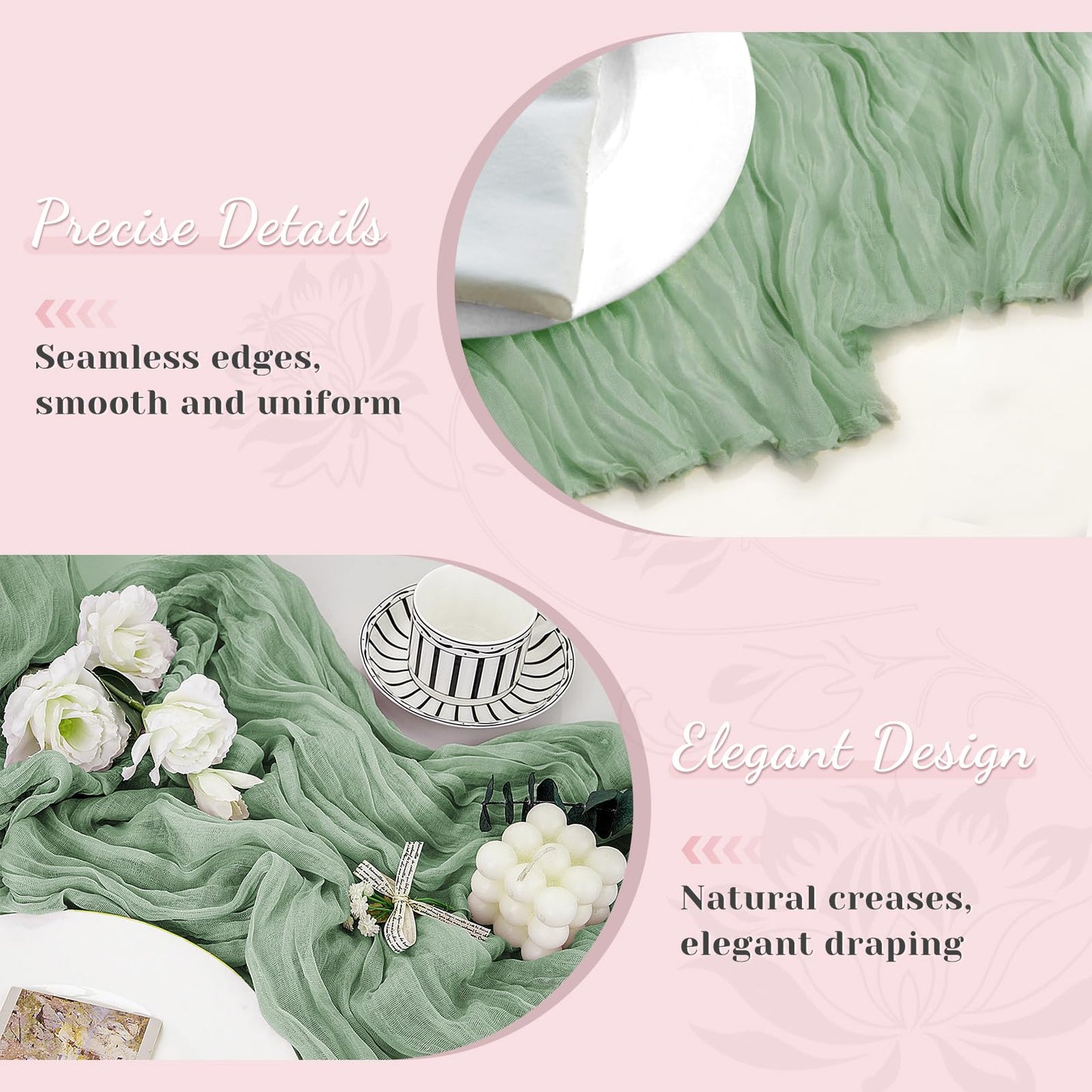 Sage Green Cheesecloth Table Runner, 10 Ft Easter Boho Table Runner, 120 in Spring Rustic Table Runners for St Patrick's Day, Wedding, Party, Baby & Bridal Shower