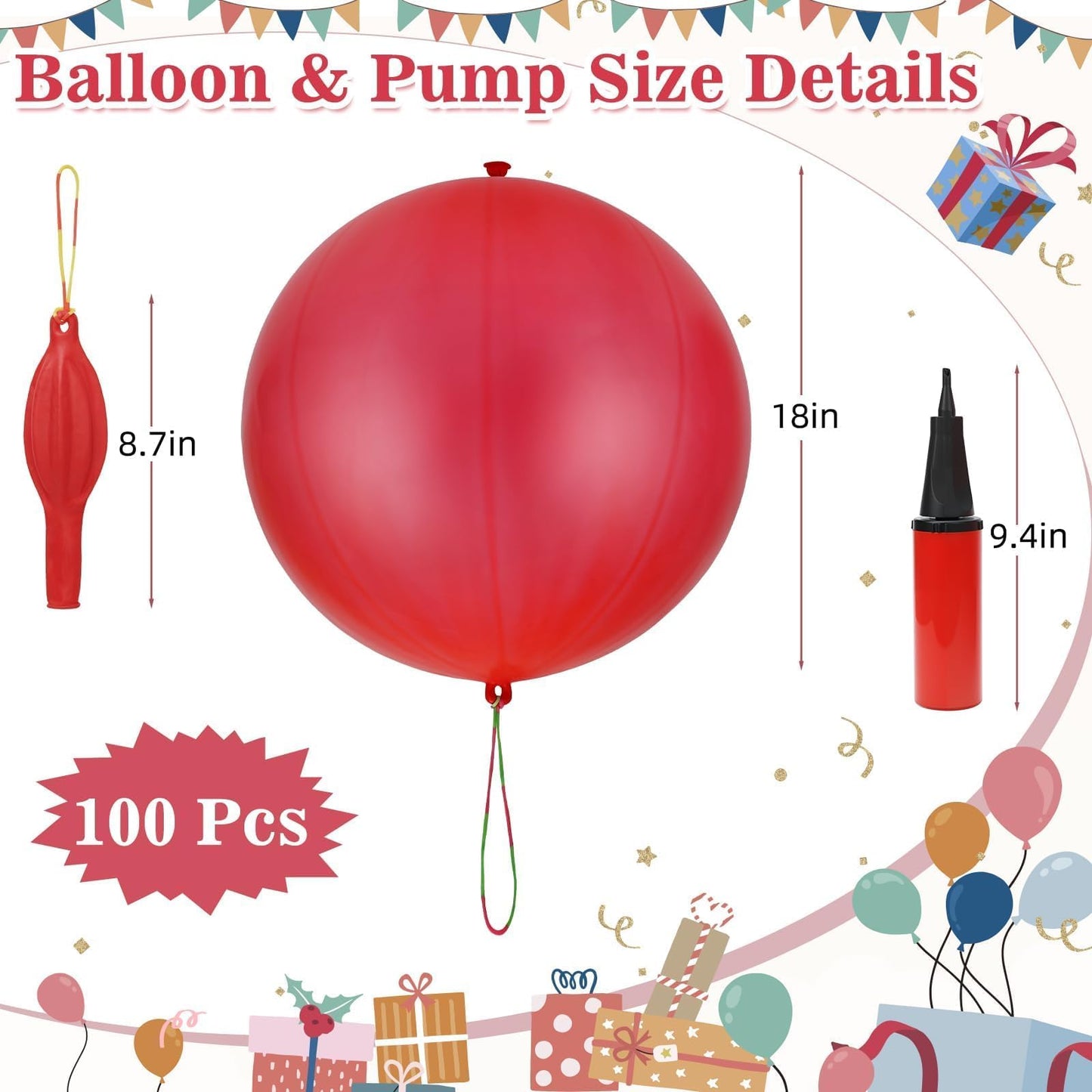 Zealor 100 Pcs Punch Balloons Heavy Duty Punching Balloon Halloween Party Favors with Rubber Band Handle and Air Pump for Birthday Halloween Goodie Bag Stuffer Supply (Red)