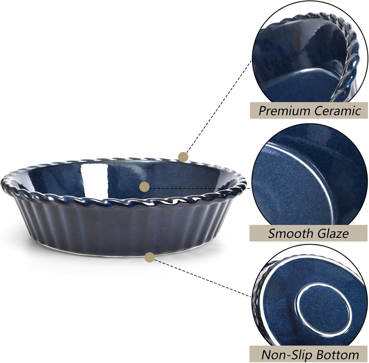 Peohud Ceramic Pie Pans - 10 Inch Deep Fluted Baking Dish | 54 Ounce for Quiche & Pies - Blue