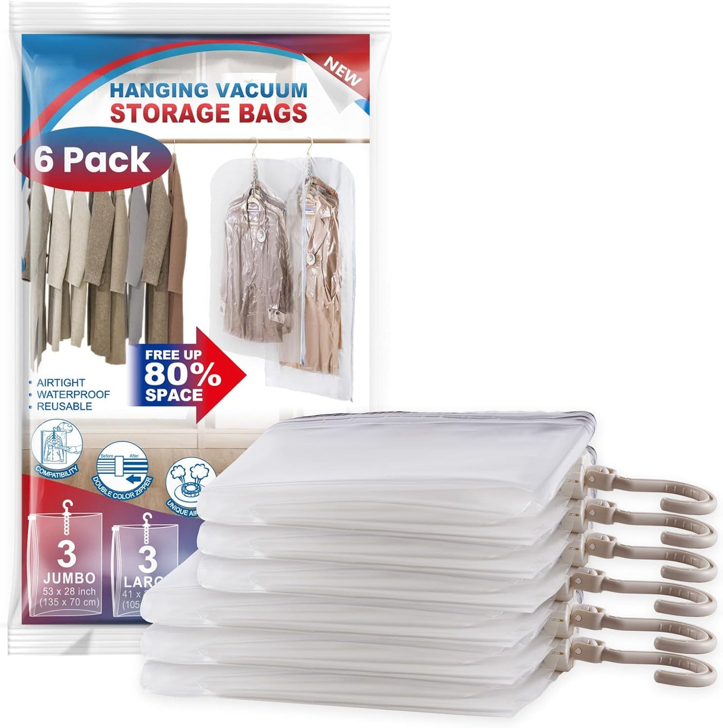 Skiennix Hanging Vacuum Storage Bags - 6 Pack Large Space Saver for Clothes, Suits & Jackets