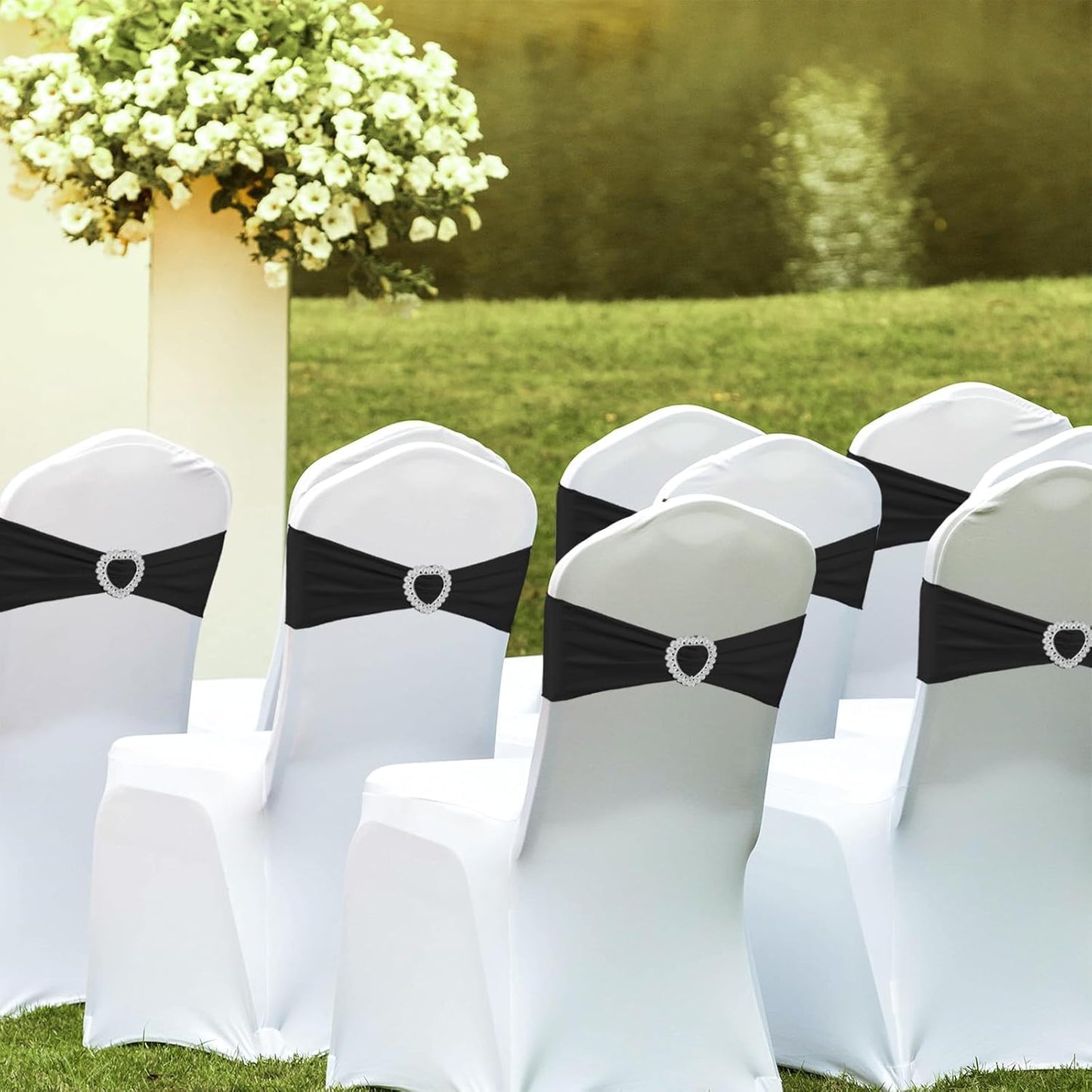 Skiennix 100PCS Black Spandex Chair Sashes - Universal Elastic Covers with Buckle Slider for Events