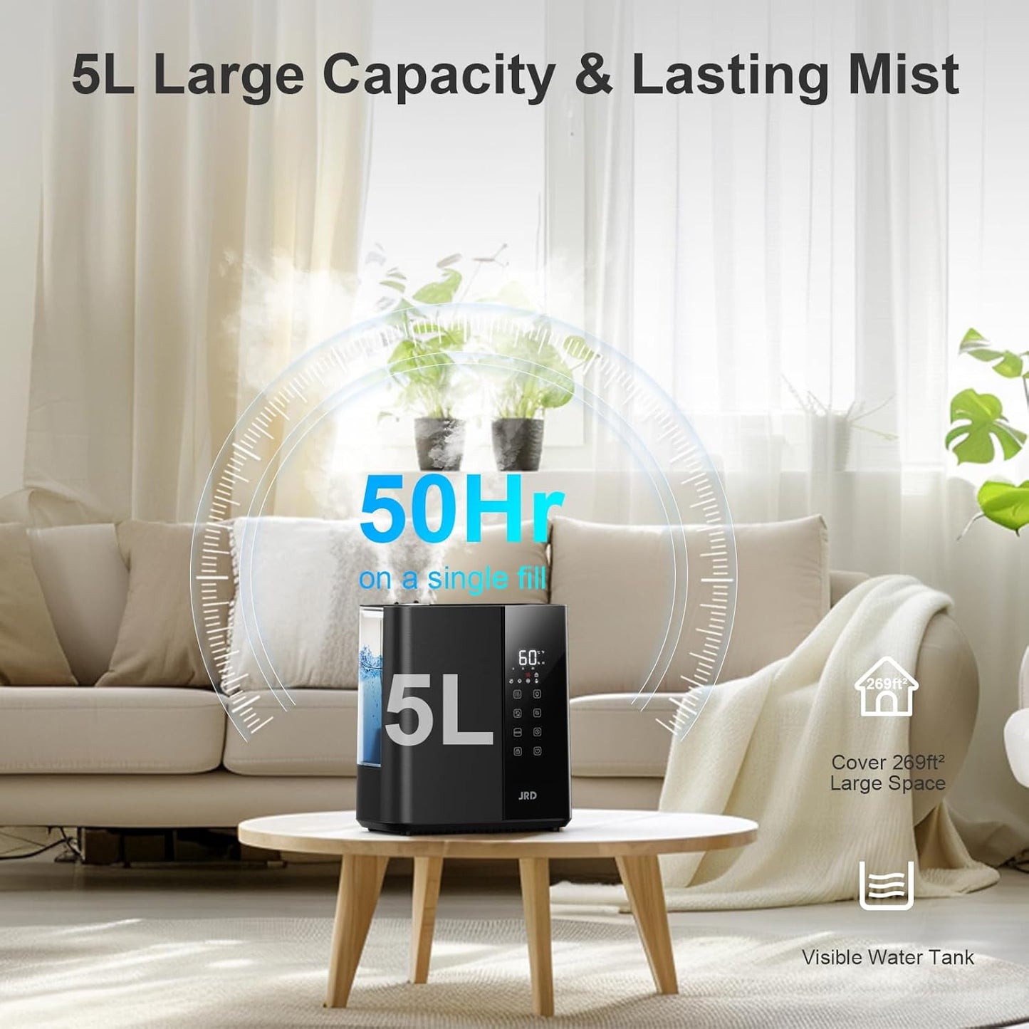 JRD Ultrasonic Humidifier - 5L Warm & Cool Mist for Fast Relief | 50H Runtime, 7 Color Light, Quiet Operation - Black