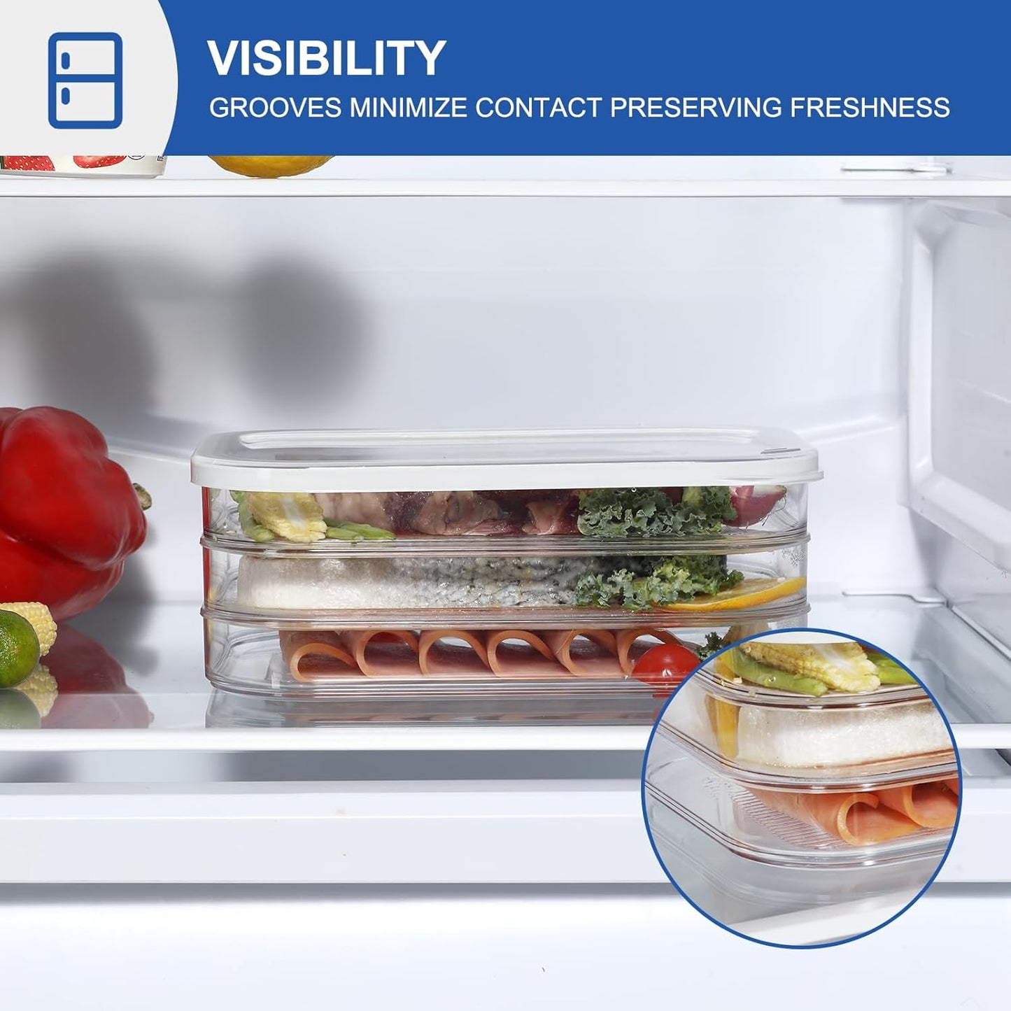 Stackable Deli Meat Storage | 3-Tier Lunch Meat Container - Dishwasher Safe, Clear Organizer with Lid