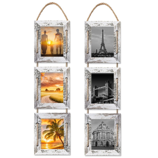 PWTAKO 4x6 Hanging Collage Picture Frames Wall Decor, 3-Opening 4x6 Rustic Wood Frame with Hemp Rope, 2 Pack,White