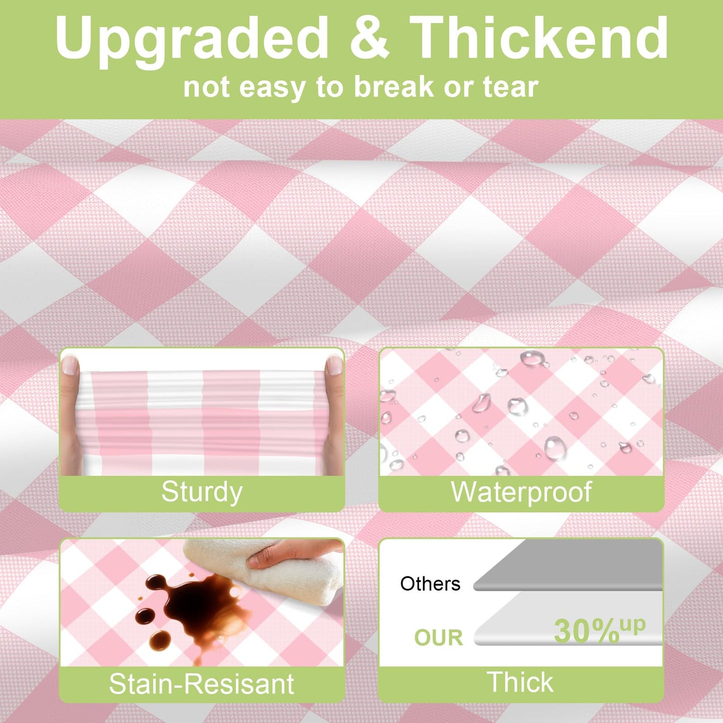 QIKSION Pink Gingham Tablecloth Disposable 12 Pack, 54 x 108 Inch Pink and White Checkered Table Cloth for Baby Shower, Easter, Mothers Day Decorations, Birthday Party, Rectangle, Plastic Table Cover