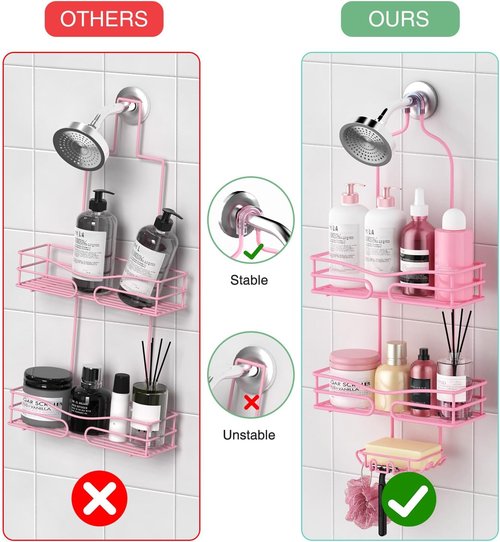 DAOYA Pink 3-Tier Shower Caddy - Overhead Bathroom Organizer with Soap Holder & 6 Hooks