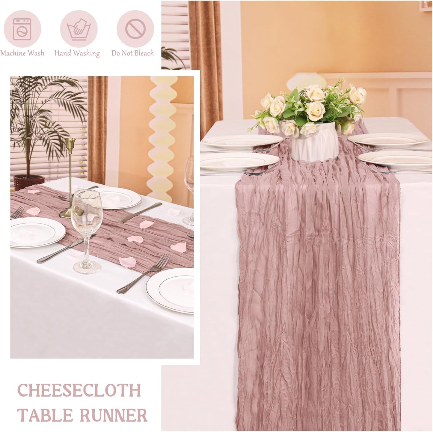 Skiennix 120-Inch Dusty Pink Cheesecloth Table Runner - Boho Rustic Sheer Design for Weddings & Events