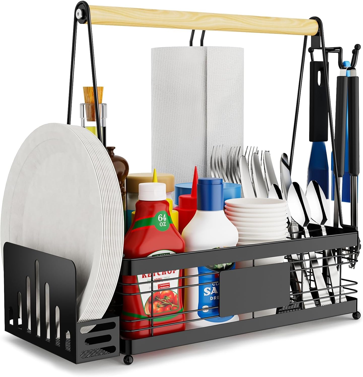 Skiennix Grill Caddy - BBQ Condiment Organizer with Plate & Paper Towel Holder | Essential for Outdoor Cooking