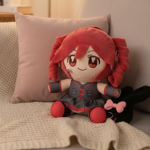 Collectible Pink Drill Twin Tail Girl Plush - Cute 22cm Anime Plushie with 3D Hair & Red/Black Outfit