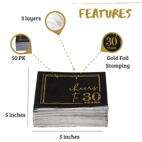 Cheers to Years Cocktail Napkins - 50 PK - 3-Ply Birthday Napkins 5x5 Inches Disposable Party Napkins Beverage Paper Napkins or Birthday Decorations Wedding Anniversary Black and Gold (30 Years)