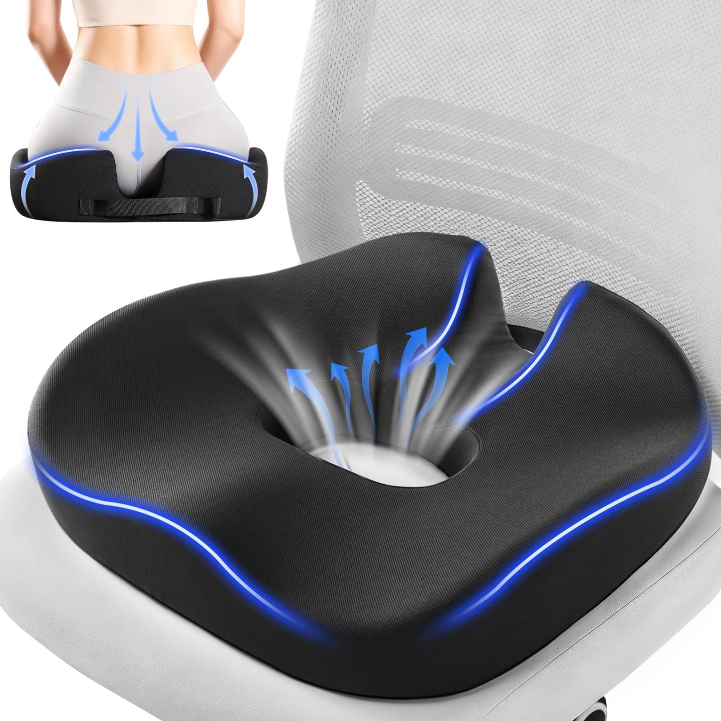 Juuwan Donut Pillow Seat Cushion for Tailbone Pain Relief and Hemorrhoid – Memory Foam Ergonomic Office Chair Cushion for Home, Office, Car, Gaming, Pregnancy,– Comfortable, Breathable, and Washable