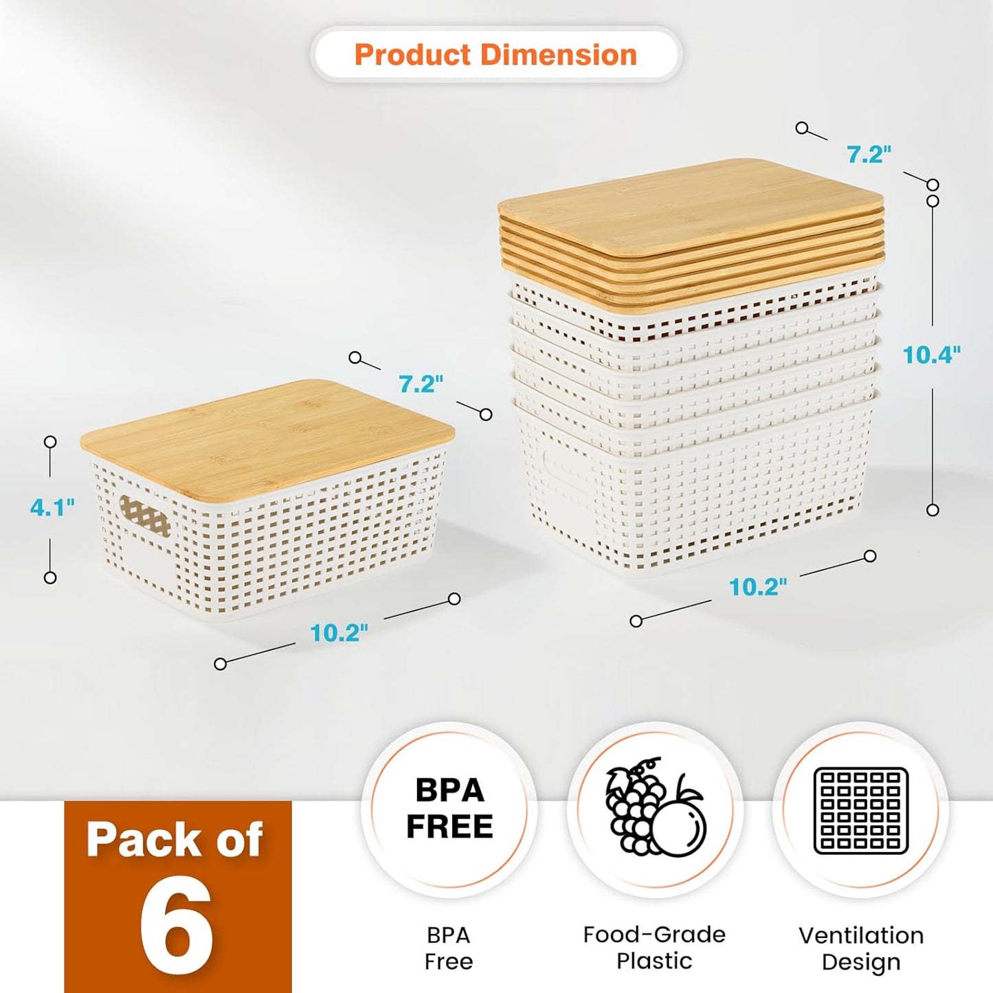 Ohmlove Plastic Storage Baskets - Stackable Containers with Bamboo Lid for Organizing | 6 Pack