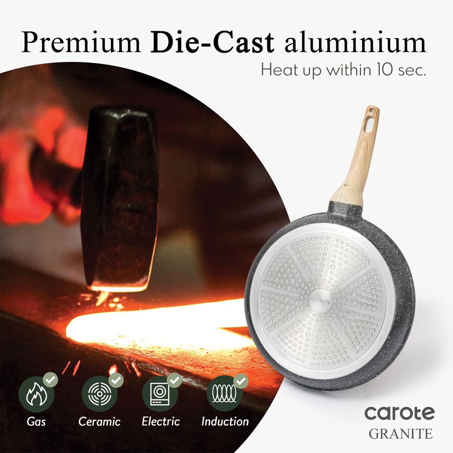 CAROTE Non Stick Frying Pan Skillet, Omelet Pan, Healthy Non Toxic Granite Chef Pan, Induction Compatible Egg Frying Pan with Heat-Resistant Handle, PFOA-Free