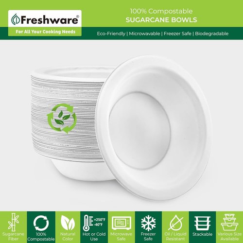 Freshware Paper Bowls - 12 oz. Biodegradable Soup Bowls | 150-Pack Heavy Duty Bagasse Dinnerware