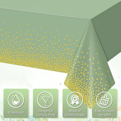 FunnyPars 1 Pack Sage Green and Gold Plastic Tablecloth, Green Disposable Table Cloth for Rectangle Tables, Gold Dot Light Green Tablecloth for Baby Shower Birthday Wedding Party Decorations, 54"x108"