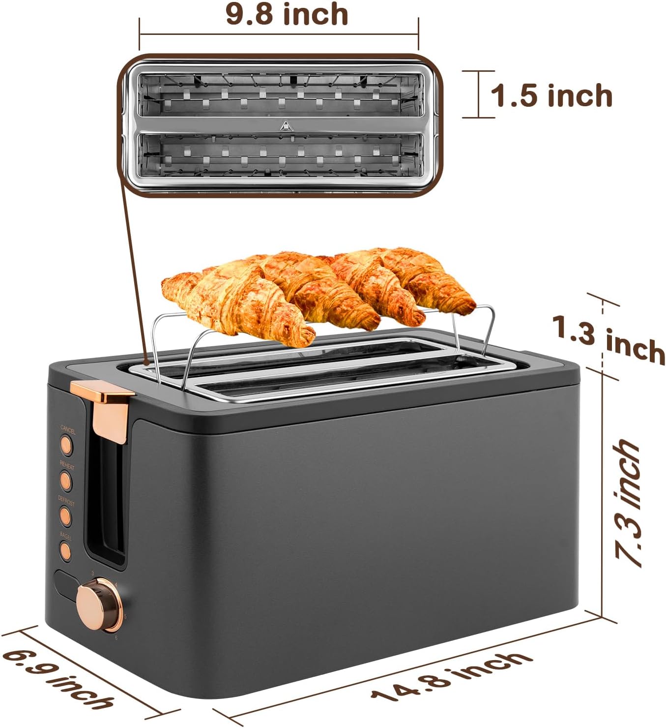 Mecity 4-Slice Long Slot Toaster - Stainless Steel With Warming Rack & 6 Browning Settings | Grey