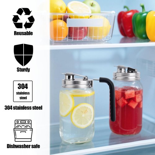 2pcs Mason Jar Spout Lids, Stainless Steel Ball Wide Jar Sip Lids Regular Mouth Leakproof Easy-Pour Pitcher Flip Cap Handle for Drinks Fruit Storage Brewing Accessories Supplies (Style 2)